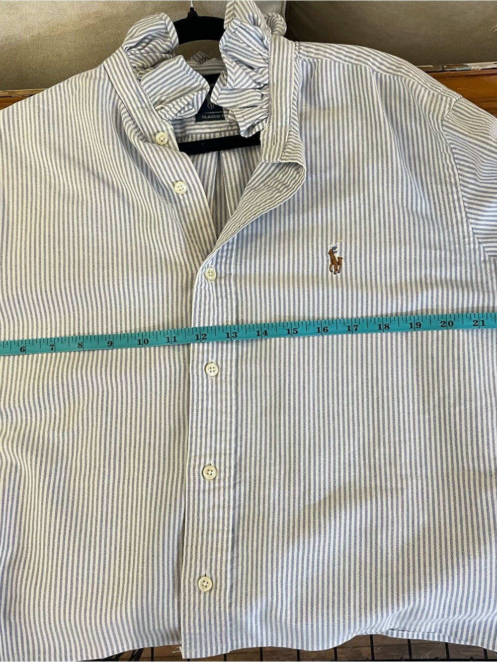 Upcycled Ralph Lauren Light Blue & White Pinstripe Cotton Button-Up Shirt - Picture 4 of 5